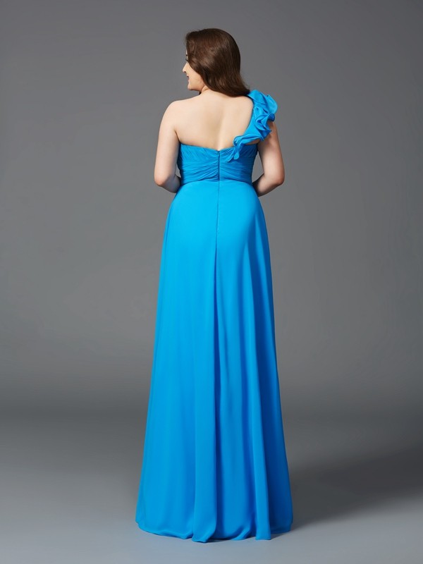 A-Line/Princess One-Shoulder Rhinestone Sleeveless Long Chiffon Plus Size Dresses 3867