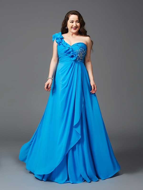 A-Line/Princess One-Shoulder Rhinestone Sleeveless Long Chiffon Plus Size Dresses 3867