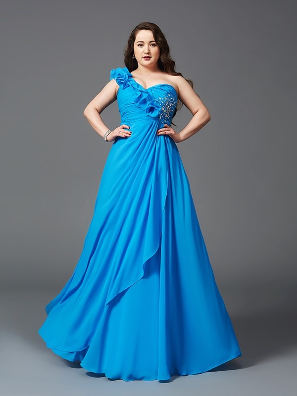 A-Line/Princess One-Shoulder Rhinestone Sleeveless Long Chiffon Plus Size Dresses 3867