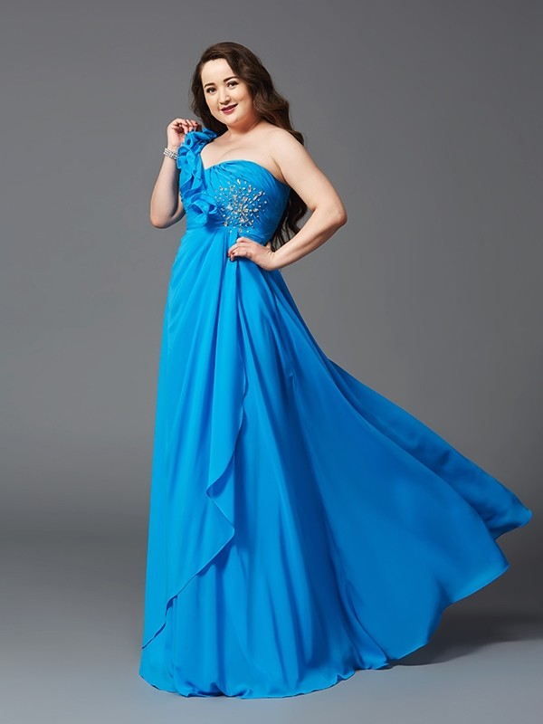 A-Line/Princess One-Shoulder Rhinestone Sleeveless Long Chiffon Plus Size Dresses 3867