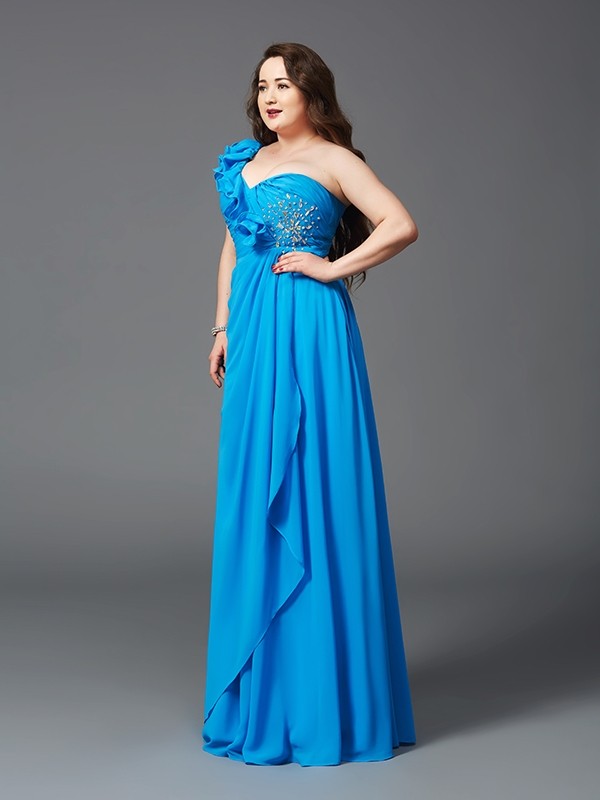 A-Line/Princess One-Shoulder Rhinestone Sleeveless Long Chiffon Plus Size Dresses 3867