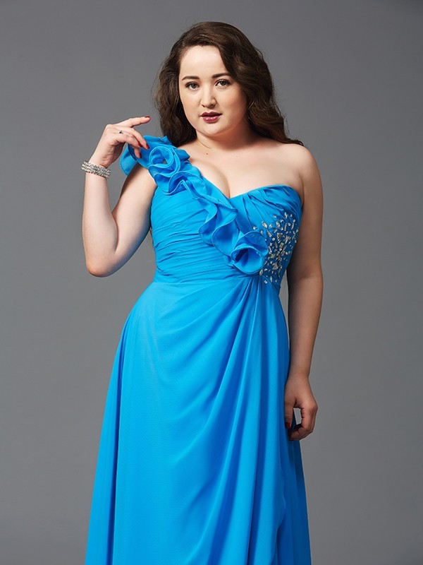 A-Line/Princess One-Shoulder Rhinestone Sleeveless Long Chiffon Plus Size Dresses 3867