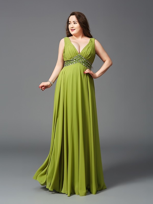 A-Line/Princess Straps Rhinestone Sleeveless Long Chiffon Plus Size Dresses 4830