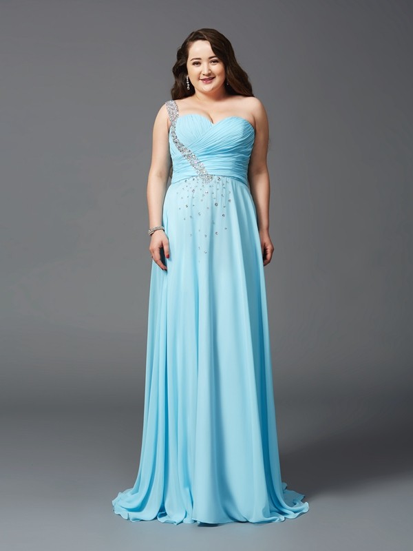 A-Line/Princess One-Shoulder Rhinestone Sleeveless Long Chiffon Plus Size Dresses 3868