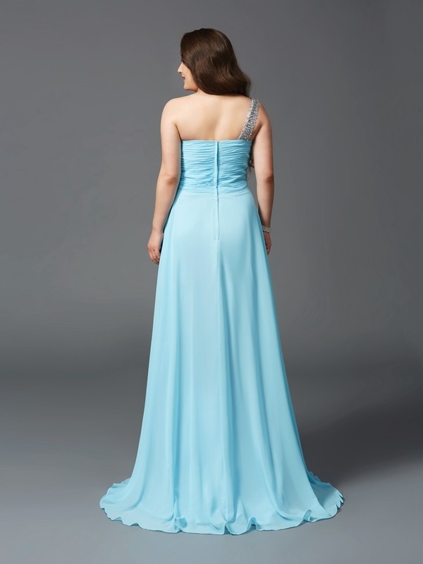 A-Line/Princess One-Shoulder Rhinestone Sleeveless Long Chiffon Plus Size Dresses 3868