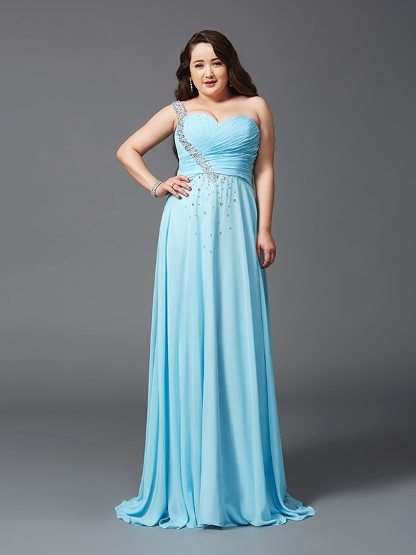 A-Line/Princess One-Shoulder Rhinestone Sleeveless Long Chiffon Plus Size Dresses 3868