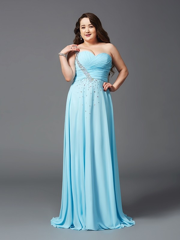 A-Line/Princess One-Shoulder Rhinestone Sleeveless Long Chiffon Plus Size Dresses 3868