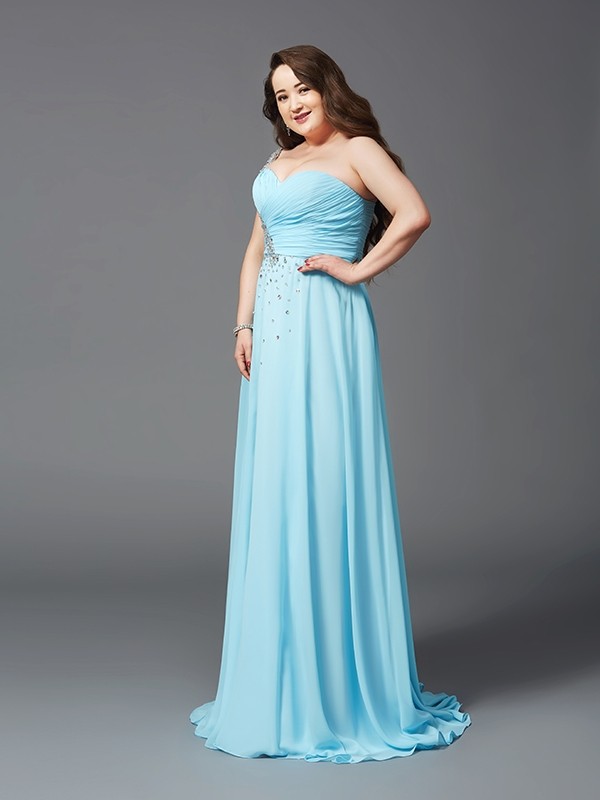 A-Line/Princess One-Shoulder Rhinestone Sleeveless Long Chiffon Plus Size Dresses 3868