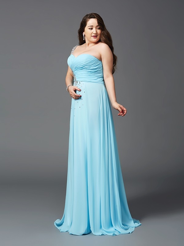 A-Line/Princess One-Shoulder Rhinestone Sleeveless Long Chiffon Plus Size Dresses 3868