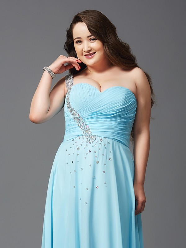 A-Line/Princess One-Shoulder Rhinestone Sleeveless Long Chiffon Plus Size Dresses 3868