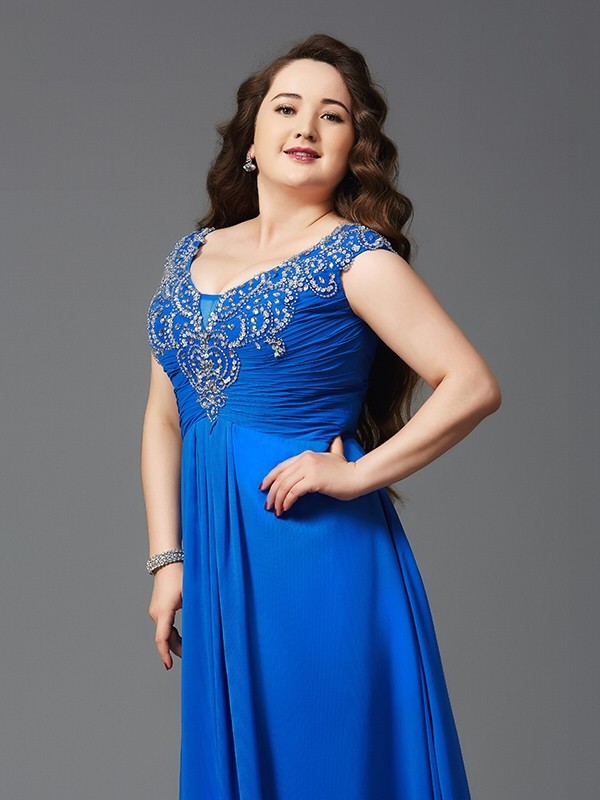 A-Line/Princess Straps Beading Short Sleeves Long Chiffon Plus Size Dresses 4804