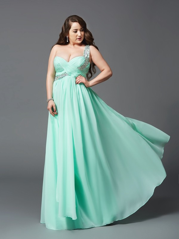 A-Line/Princess One-Shoulder Rhinestone Sleeveless Long Chiffon Plus Size Dresses 3869