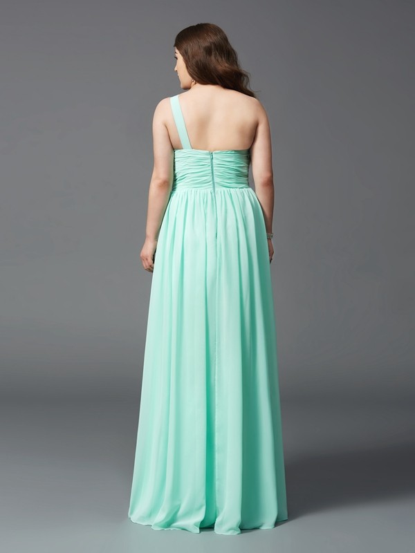 A-Line/Princess One-Shoulder Rhinestone Sleeveless Long Chiffon Plus Size Dresses 3869