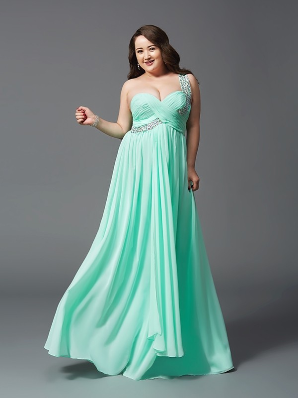 A-Line/Princess One-Shoulder Rhinestone Sleeveless Long Chiffon Plus Size Dresses 3869