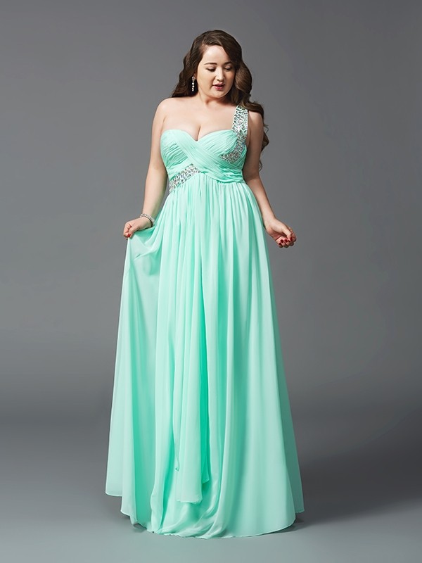 A-Line/Princess One-Shoulder Rhinestone Sleeveless Long Chiffon Plus Size Dresses 3869