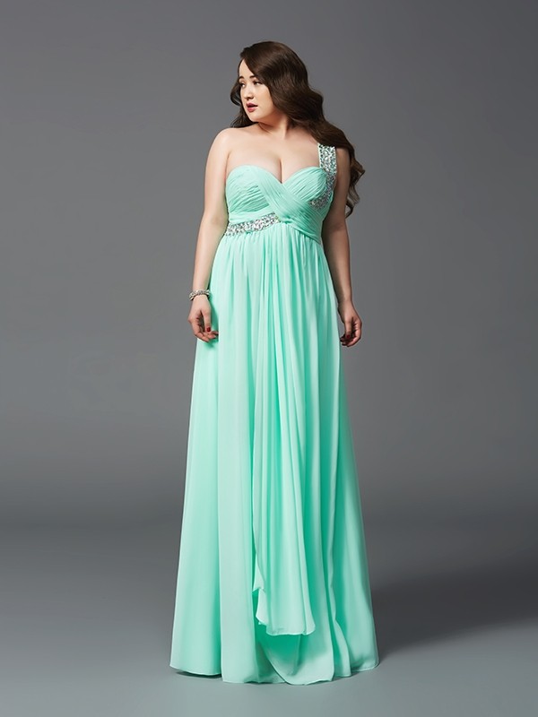 A-Line/Princess One-Shoulder Rhinestone Sleeveless Long Chiffon Plus Size Dresses 3869