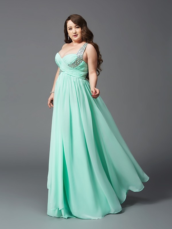 A-Line/Princess One-Shoulder Rhinestone Sleeveless Long Chiffon Plus Size Dresses 3869