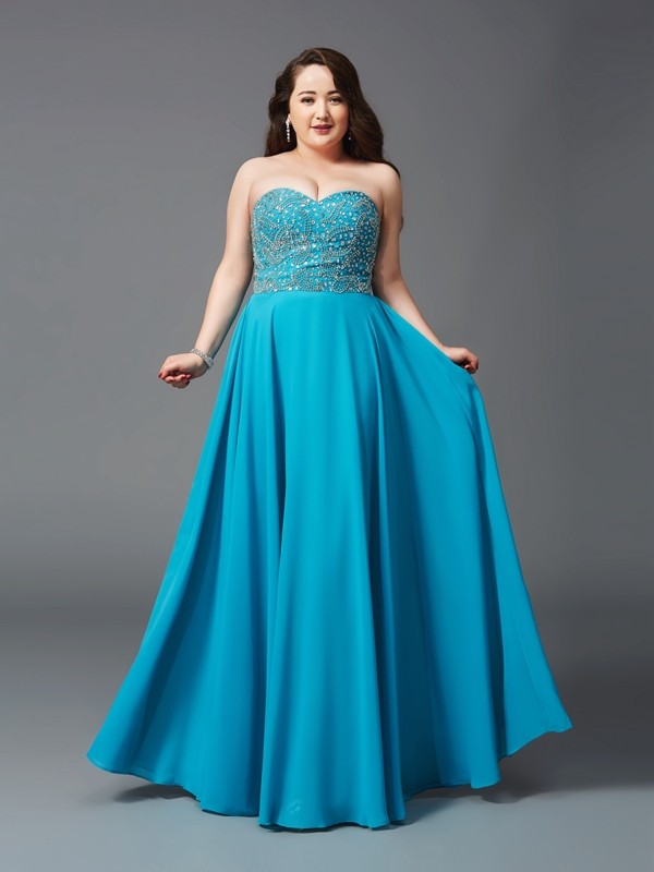 A-Line/Princess Sweetheart Beading Sleeveless Long Chiffon Plus Size Dresses 4960