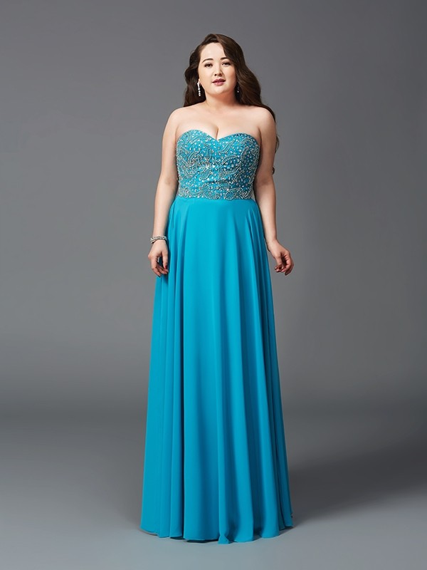 A-Line/Princess Sweetheart Beading Sleeveless Long Chiffon Plus Size Dresses 4960