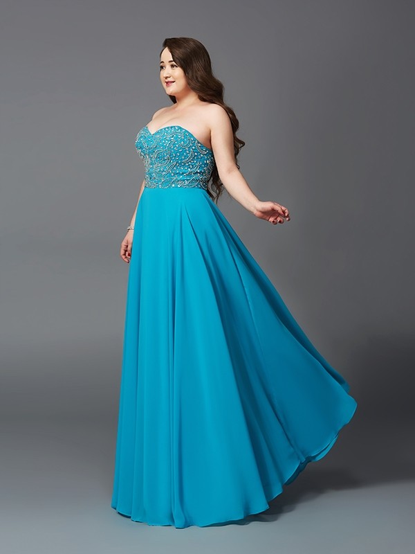 A-Line/Princess Sweetheart Beading Sleeveless Long Chiffon Plus Size Dresses 4960