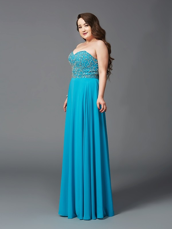 A-Line/Princess Sweetheart Beading Sleeveless Long Chiffon Plus Size Dresses 4960