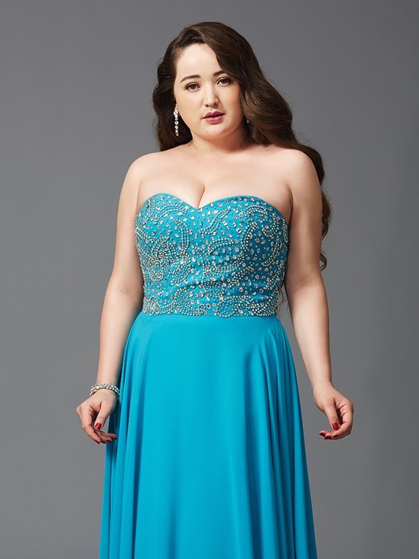 A-Line/Princess Sweetheart Beading Sleeveless Long Chiffon Plus Size Dresses 4960