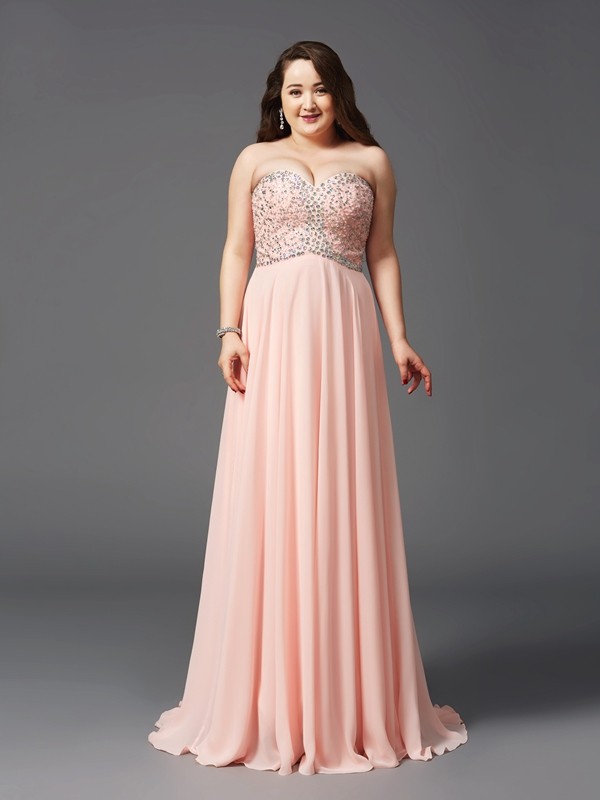 A-Line/Princess Sweetheart Beading Sleeveless Long Chiffon Plus Size Dresses 4961