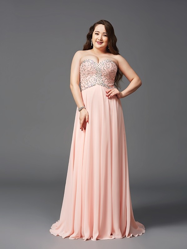 A-Line/Princess Sweetheart Beading Sleeveless Long Chiffon Plus Size Dresses 4961