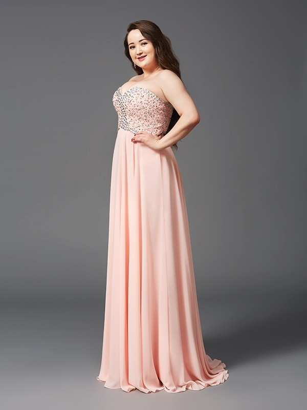 A-Line/Princess Sweetheart Beading Sleeveless Long Chiffon Plus Size Dresses 4961