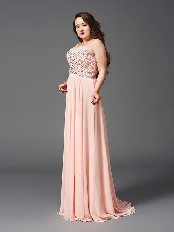 A-Line/Princess Sweetheart Beading Sleeveless Long Chiffon Plus Size Dresses 4961