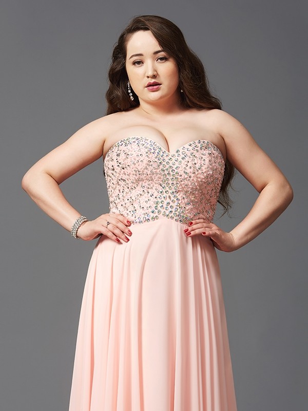 A-Line/Princess Sweetheart Beading Sleeveless Long Chiffon Plus Size Dresses 4961