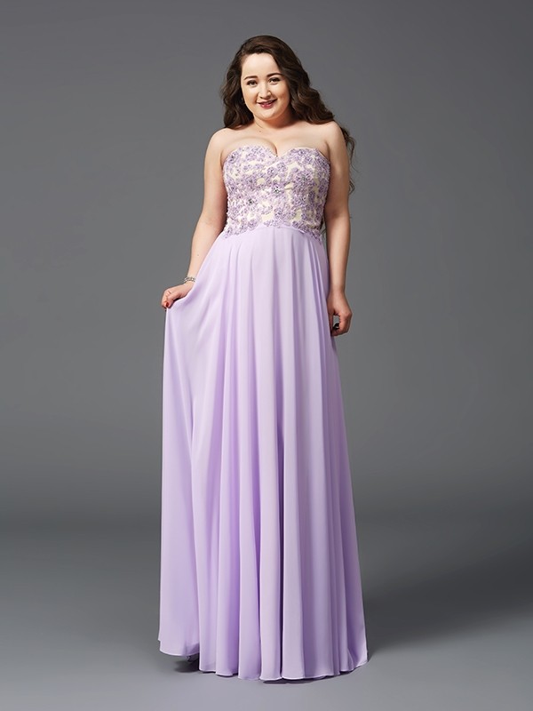 A-Line/Princess Sweetheart Lace Sleeveless Long Chiffon Plus Size Dresses 4975