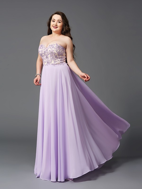 A-Line/Princess Sweetheart Lace Sleeveless Long Chiffon Plus Size Dresses 4975