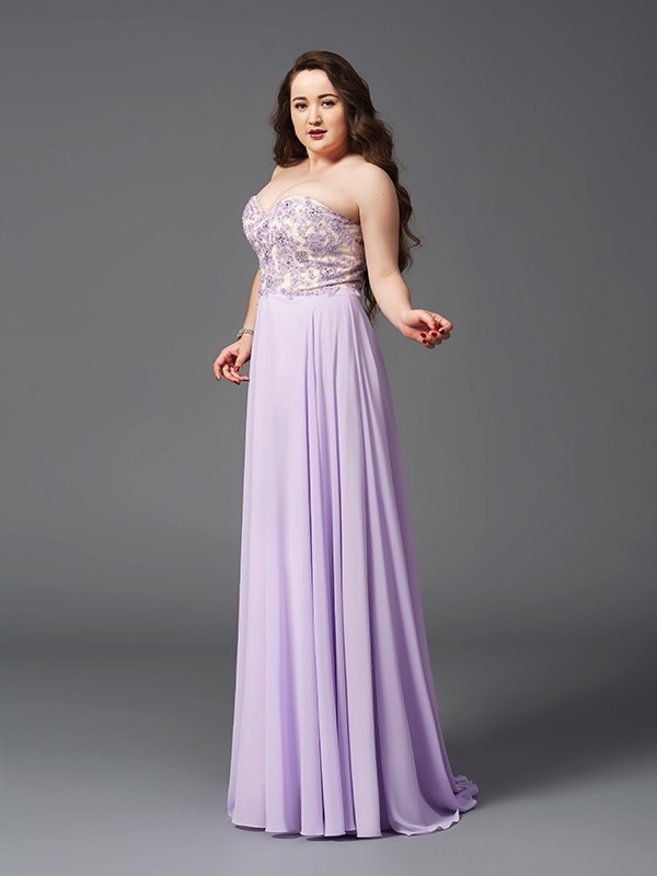 A-Line/Princess Sweetheart Lace Sleeveless Long Chiffon Plus Size Dresses 4975