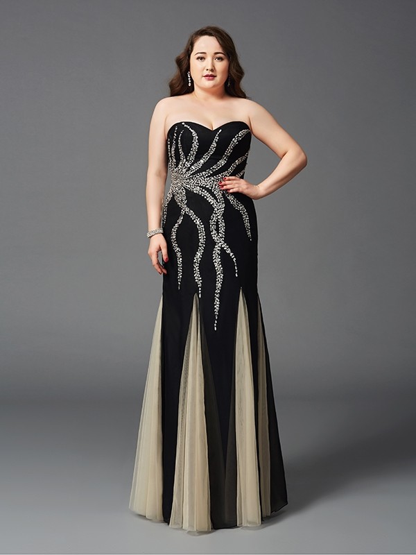 Sheath/Column Sweetheart Beading Sleeveless Long Chiffon Plus Size Dresses 6775