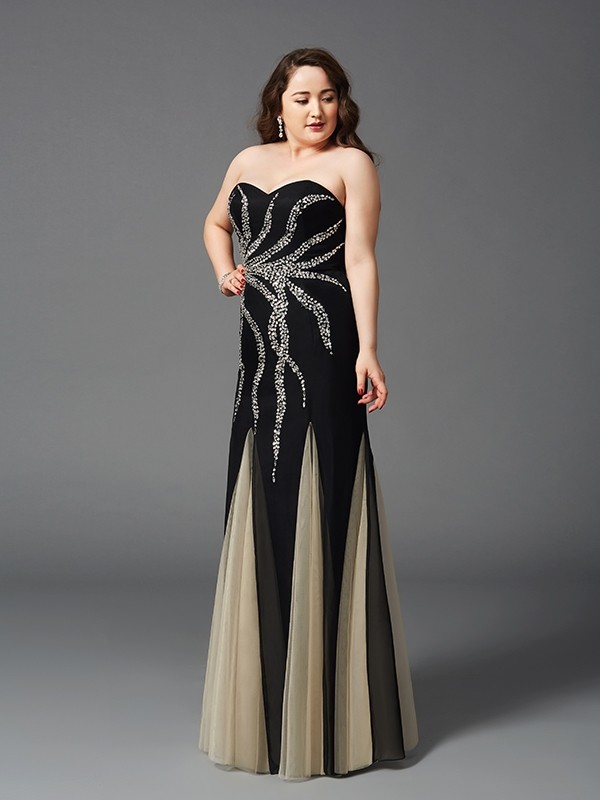 Sheath/Column Sweetheart Beading Sleeveless Long Chiffon Plus Size Dresses 6775