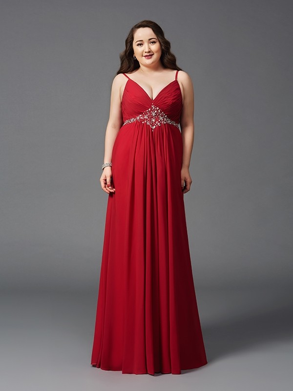 A-Line/Princess Spaghetti Straps Beading Sleeveless Long Chiffon Plus Size Dresses 4687