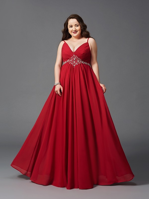 A-Line/Princess Spaghetti Straps Beading Sleeveless Long Chiffon Plus Size Dresses 4687