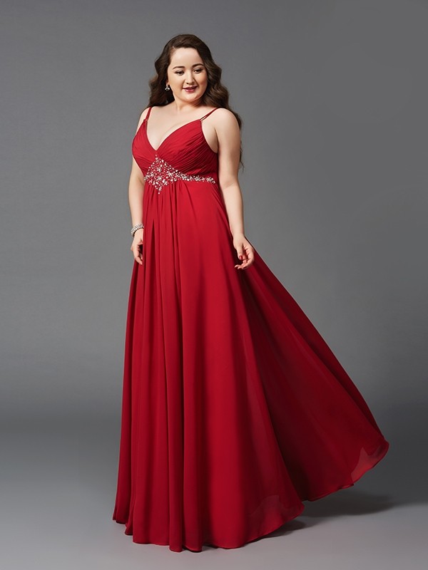 A-Line/Princess Spaghetti Straps Beading Sleeveless Long Chiffon Plus Size Dresses 4687