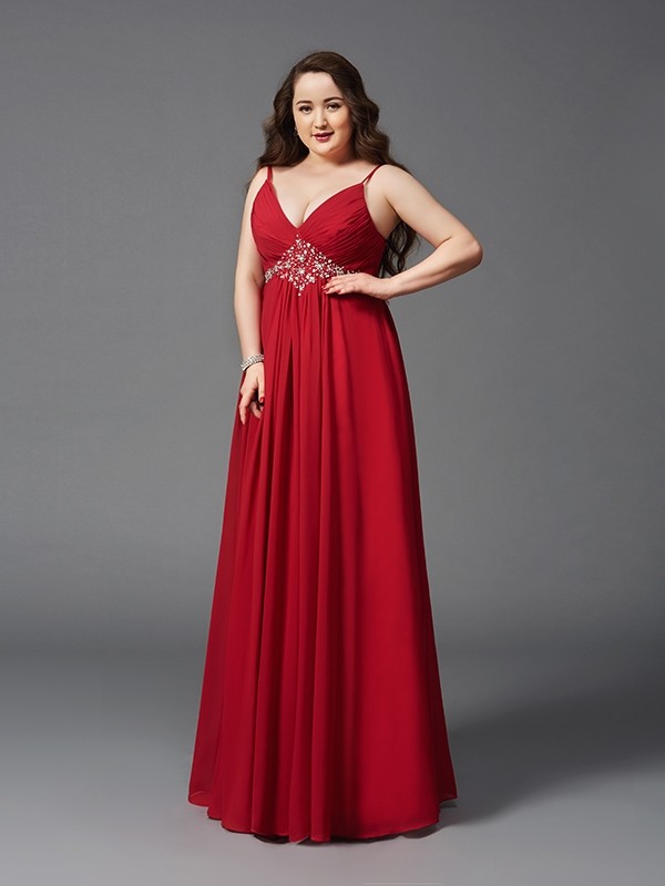 A-Line/Princess Spaghetti Straps Beading Sleeveless Long Chiffon Plus Size Dresses 4687