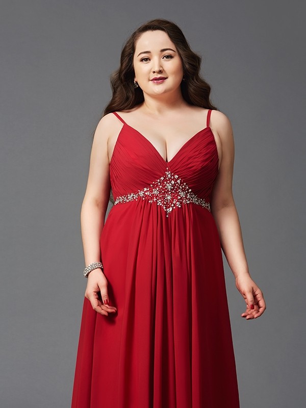 A-Line/Princess Spaghetti Straps Beading Sleeveless Long Chiffon Plus Size Dresses 4687