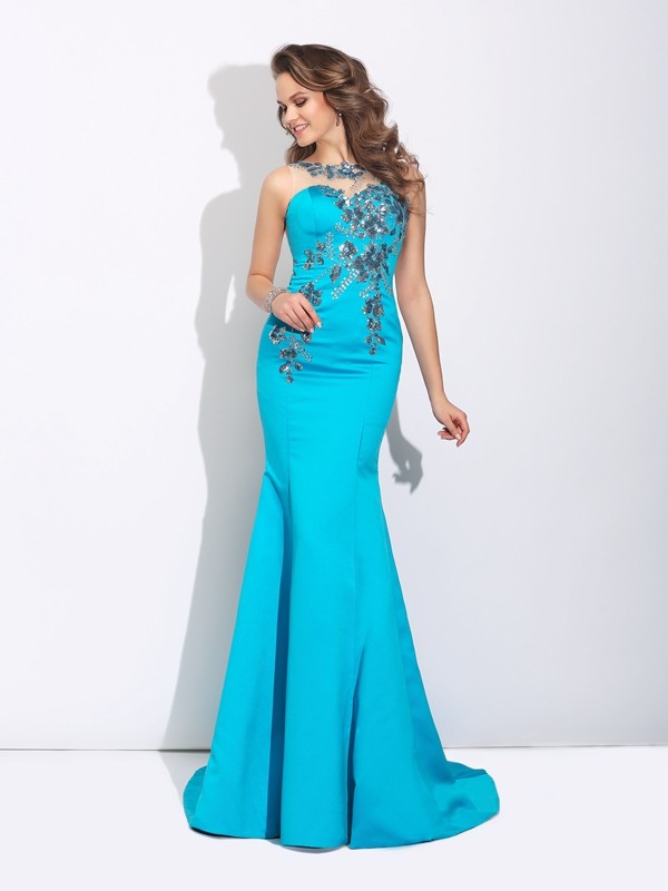 Trumpet/Mermaid Scoop Applique Sleeveless Long Satin Dresses 7248