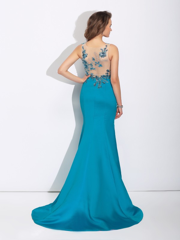 Trumpet/Mermaid Scoop Applique Sleeveless Long Satin Dresses 7248