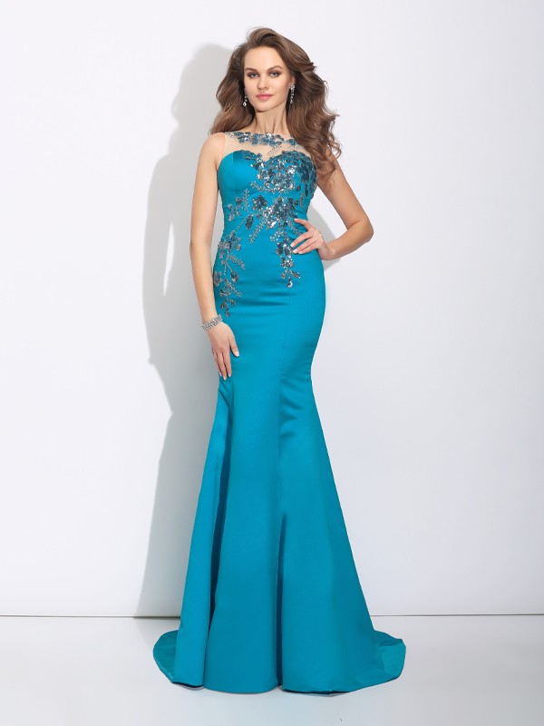 Trumpet/Mermaid Scoop Applique Sleeveless Long Satin Dresses 7248