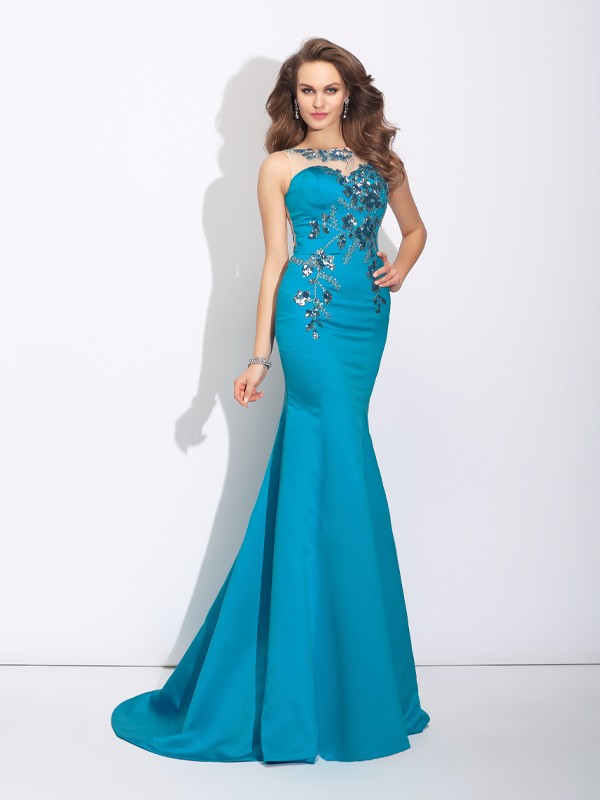 Trumpet/Mermaid Scoop Applique Sleeveless Long Satin Dresses 7248