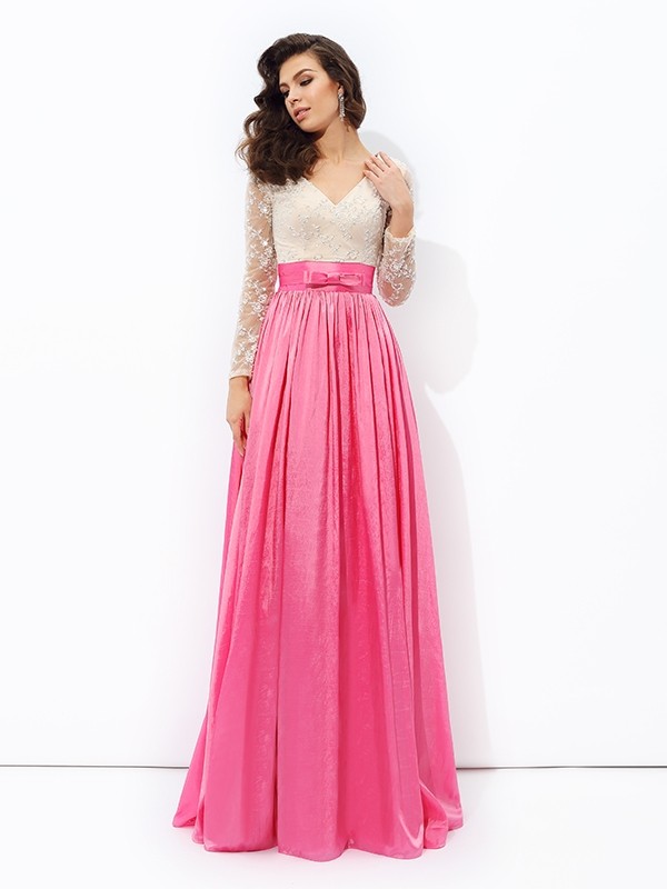 A-line/Princess V-neck Lace Long Sleeves Long Taffeta Dresses 5457