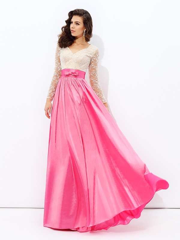 A-line/Princess V-neck Lace Long Sleeves Long Taffeta Dresses 5457