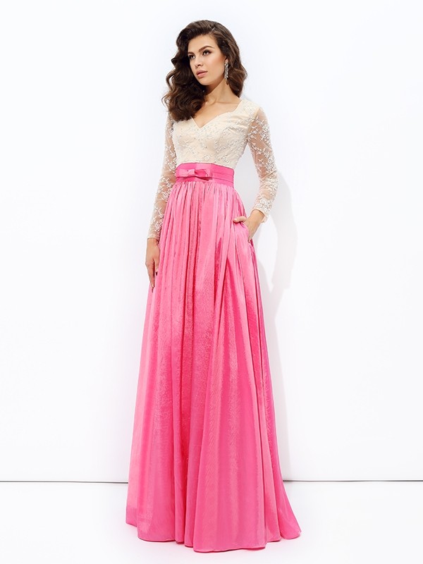 A-line/Princess V-neck Lace Long Sleeves Long Taffeta Dresses 5457