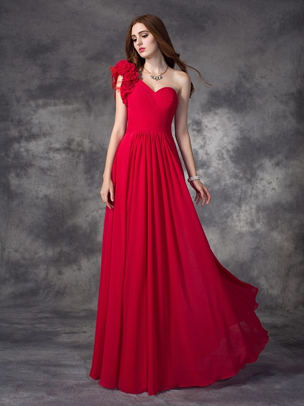 A-line/Princess One-Shoulder Hand-Made Flower Sleeveless Long Chiffon Dresses 3860