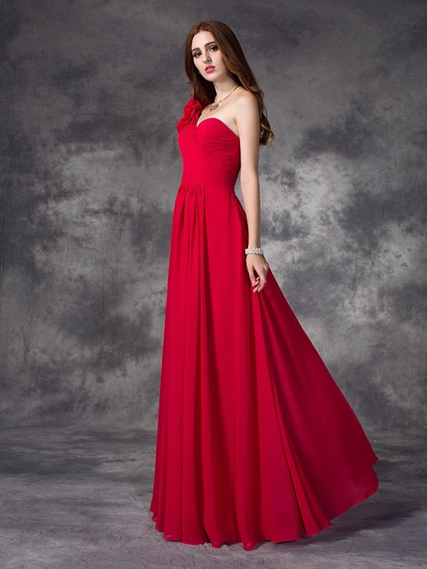 A-line/Princess One-Shoulder Hand-Made Flower Sleeveless Long Chiffon Dresses 3860